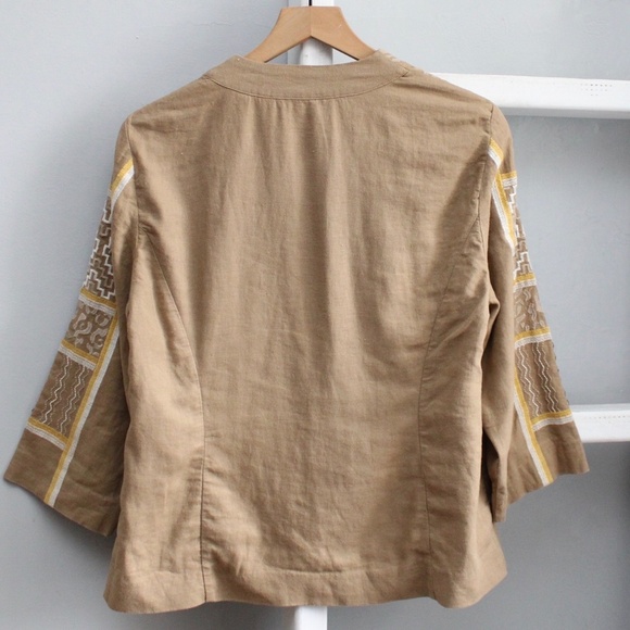 Chico's Embroidered Tan Beaded Embroidered Linen 3/4 Sleeve BlazerJacket Medium - Picture 5 of 9